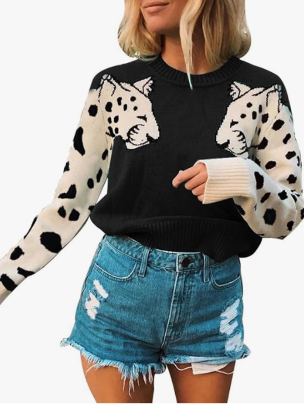 Casual LeopardPrinted Long Sleeves Knitted Pullover Cropped Sweater Top - Large - Picture 1 of 5